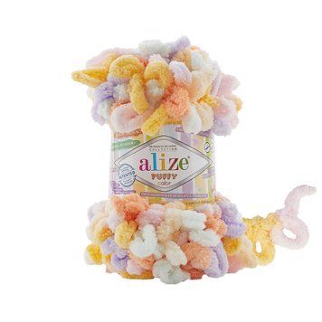 Пряжа Alize Puffy Color/Алізе Пуффі Колор, жовто-гарячий-помаранчевий-білий-бузковий 6520 4672 фото