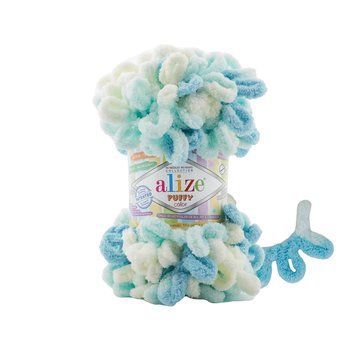 Пряжа Alize Puffy Color/Алізе Пуффі Колор, блакитний-бірюзовий-вершковий 6461, знято з виробництва 4678 фото