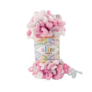 Пряжа Alize Puffy Color/Алізе Пуффі Колор, рожевий-сірий-білий 6370 4679 фото