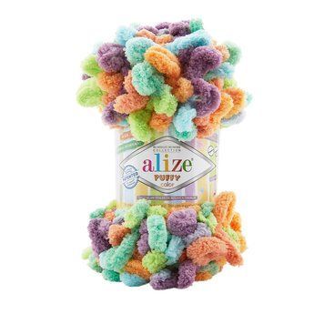 Пряжа Alize Puffy Color/Алізе Пуффі Колор, фіолетовий-помаранчевий-бірюзовий-салатовий 4530 5109 фото