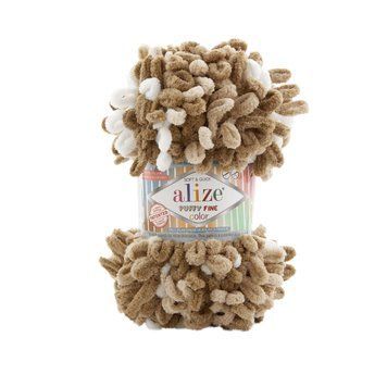 Пряжа Alize Puffy Fine Color/Алізе Пуффі Файн Колор, оливковий-бежевий-білий 8054 5122 фото