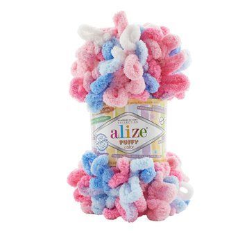 Пряжа Alize Puffy Color/Алізе Пуффі Колор, блакитний-рожевий-білий 6525 1734 фото