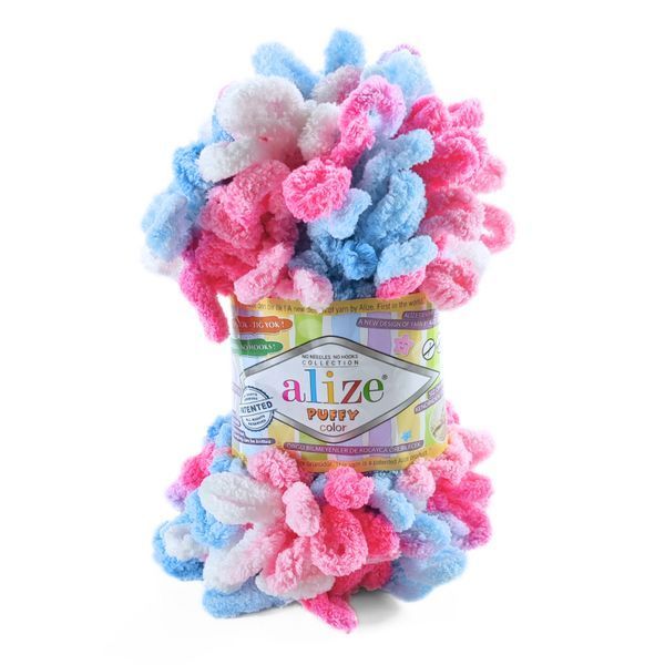 Пряжа Alize Puffy Color/Алізе Пуффі Колор, блакитний-рожевий-білий 6525 1734 фото