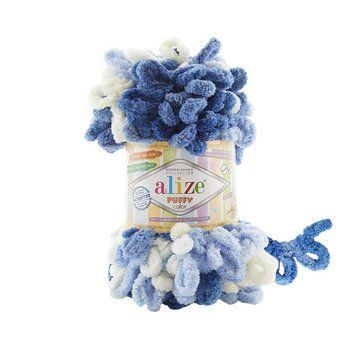 Пряжа Alize Puffy Color/Алізе Пуффі Колор, білий-блакитний-синій, 5884 5963 фото