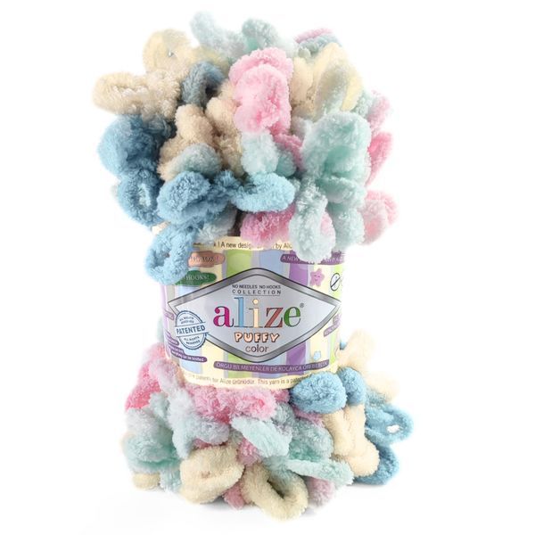 Пряжа Alize Puffy Color/Алізе Пуффі Колор, блакитний-рожевий-білий-бежевий 6523 1735 фото